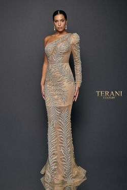 Style 1922GL0659 Terani Couture Gold Size 4 Tulle Floor Length Straight Dress on Queenly