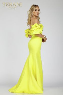Style 231P0181 Terani Couture Yellow Size 16 Sleeves Straight Floor Length Side slit Dress on Queenly