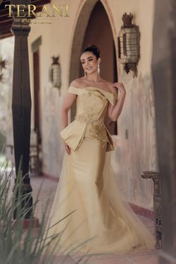 Style 232E1241 Terani Couture Gold Size 4 Tall Height Floor Length Mermaid Dress on Queenly