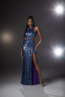 Style 47001 MoriLee Navy Size 4 Halter Keyhole Tall Height Side slit Dress on Queenly