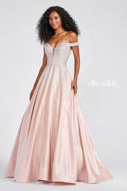 Style EW122106 Ellie Wilde Nude Size 8 Floor Length Satin Plunge Ball gown on Queenly