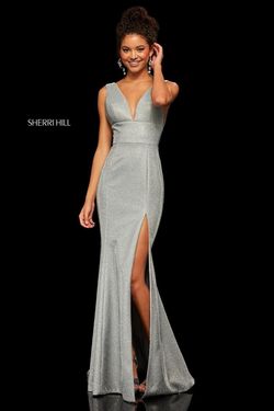 Style 52480 Sherri Hill Silver Size 4 Prom Black Tie Side slit Dress on Queenly