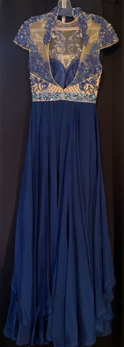 Style 1933 Sherri Hill Blue Size 2 High Neck Floor Length A-line Dress on Queenly
