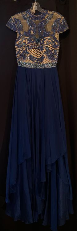 Style 1933 Sherri Hill Blue Size 2 High Neck Floor Length A-line Dress on Queenly