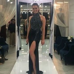 Style Custom Sherri Hill Multicolor Size 4 Black Tie Navy Blue High Neck Train Dress on Queenly