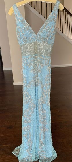 Primavera Blue Size 0 Pageant Plunge Floor Length Straight Dress on Queenly