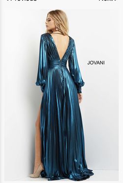 Style 06221 Jovani Blue Size 10 Gala Shiny Plunge Side Slit 06221 A-line Dress on Queenly