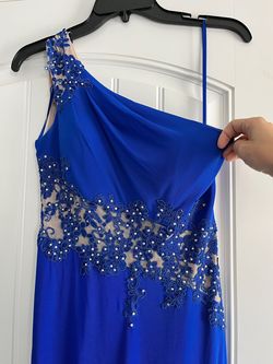 Xscape Blue Size 6 Cape One Shoulder Straight Dress on Queenly