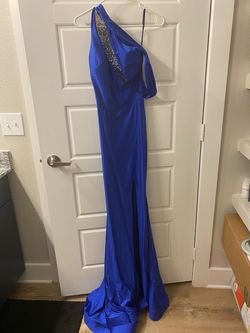 Style 541 Jessica Angel Blue Size 2 Jewelled Ombre Sheer One Shoulder Side slit Dress on Queenly