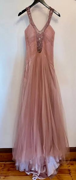 Style 1-2559304215-649 ALBERTO MAKALI Pink Size 2 Sheer V Neck Floor Length A-line Dress on Queenly