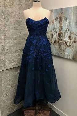 Style 1-2835652501-1498 Bariano Blue Size 4 Strapless Tall Height Navy A-line Dress on Queenly