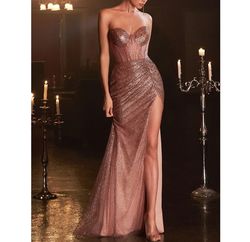 Style Rose Gold Strapless Sweetheart Glitter Corset Formal Prom Dress Pink Size 2 Side slit Dress on Queenly