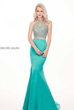 Style 6478 Rachel Allan Green Size 10 Embroidery Satin Two Piece Mermaid Dress on Queenly