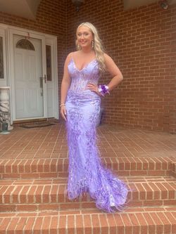 Style 08141 Jovani Purple Size 8 Black Tie Plunge Prom Straight Dress on Queenly