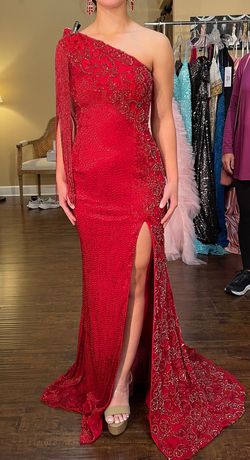 Style 55412 Sherri Hill Red Size 0 Short Height One Shoulder 70 Off Floor Length Side slit Dress on Queenly