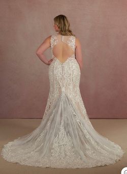 Style AZAZIE GARDNER Mermaid Sequins Lace Cathedral Train Dress Diamond White/Champagne Azazie Nude Size 18 Floor Length Short Height Plus Size Mermaid Dress on Queenly