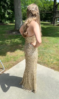 Style 54447 Sherri Hill Gold Size 0 Jersey Prom Side slit Dress on Queenly