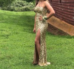 Style 54447 Sherri Hill Gold Size 0 Jersey Sequined Side slit Dress on Queenly