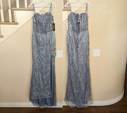 Style Smoky Blue Sequined & Glitter Swirl Sleeveless Corset Formal Prom Dress Adora Blue Size 8 Floor Length Square Neck Train Side slit Dress on Queenly