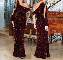 Style Wine Red Sequined & Velvet One Shoulder Formal Party Dress Adora Red Size 6 Floor Length Holiday Ball Ball gown on Queenly