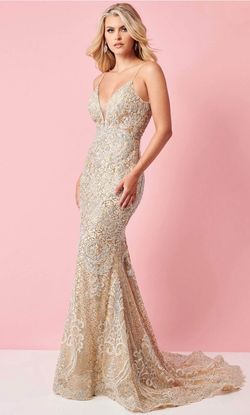 Style 70276 Rachel Allan Nude Size 8 Floor Length Prom Plunge Train Dress on Queenly