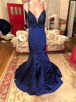 MoriLee Blue Size 8 Floor Length Plunge Mermaid Dress on Queenly