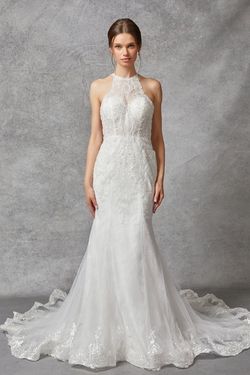 Style GPW2176 Bicici & Coty White Size 8 Halter Tall Height Sequined Embroidery Mermaid Dress on Queenly