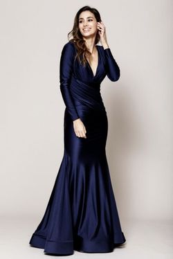 Style 381 Amelia Couture Blue Size 16 Plus Size Navy Satin Sleeves Bridesmaid Mermaid Dress on Queenly