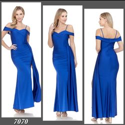 Style 7070 Joel Blue Size 4 Tall Height Bridesmaid Side slit Dress on Queenly
