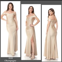 Style 7070 Joel Gold Size 4 Floor Length Jersey Side slit Dress on Queenly