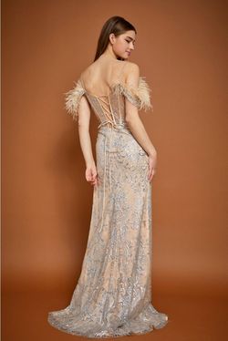 Style DA2203 Bicici & Coty Nude Size 4 Feather Tall Height Side slit Dress on Queenly