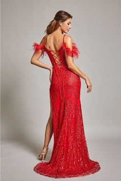 Style DA2203 Bicici & Coty Red Size 12 Black Tie Feather Tall Height Side slit Dress on Queenly