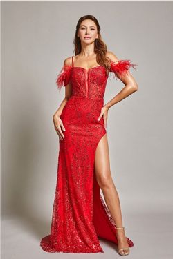 Style DA2203 Bicici & Coty Red Size 12 Black Tie Feather Tall Height Side slit Dress on Queenly