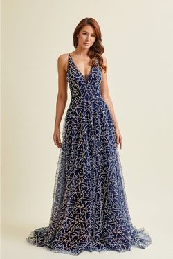 Style SR2207 Bicici & Coty Blue Size 12 Lace Sequined Prom Pockets Tall Height A-line Dress on Queenly