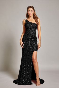 Style RD2313 Bicici & Coty Black Size 16 Plus Size Tulle One Shoulder Straight Side slit Dress on Queenly