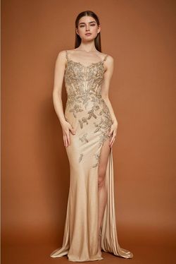 Style MD60041 Bicici & Coty Gold Size 16 Floor Length Side slit Dress on Queenly
