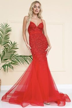 Style SU066 Amelia Couture Red Size 14 Su066 Shiny Spaghetti Strap Floor Length Mermaid Dress on Queenly