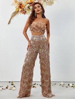 Style FSWU9012 Faeriesty Gold Size 4 Fswu9012 Sequined Floor Length Jumpsuit Dress on Queenly