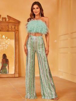 Style LAWU6001 Faeriesty Green Size 0 Floor Length Sequined Lawu6001 Jumpsuit Dress on Queenly