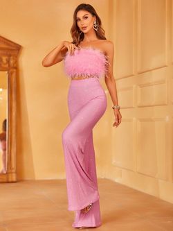 Style LAWU6003 Faeriesty Pink Size 0 Feather Polyester Tall Height Jumpsuit Dress on Queenly