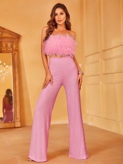 Style LAWU6003 Faeriesty Pink Size 0 Feather Polyester Tall Height Jumpsuit Dress on Queenly