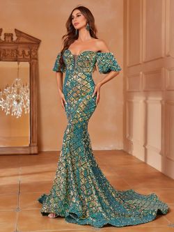 Style FSWD1482 Faeriesty Green Size 8 Polyester Sequined Military Jersey Mermaid Dress on Queenly
