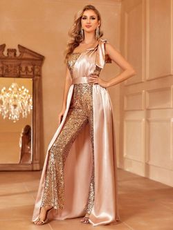 Style FSWB7045 Faeriesty Gold Size 4 Fswb7045 Sequined One Shoulder Jumpsuit Dress on Queenly