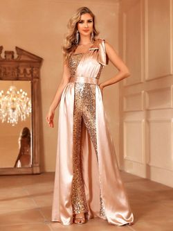 Style FSWB7045 Faeriesty Gold Size 8 Tall Height Floor Length Polyester Jumpsuit Dress on Queenly