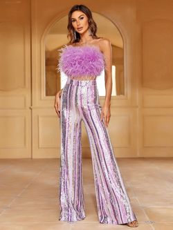 Style LAWU6001 Faeriesty Purple Size 0 Lawu6001 Feather Polyester Jumpsuit Dress on Queenly