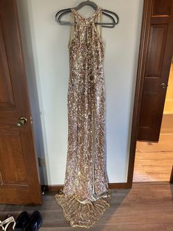 Style 3434A Mac Duggal Gold Size 10 Pageant Black Tie Floor Length Side slit Dress on Queenly