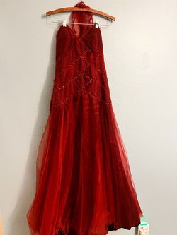 Evenings Bright Red Size 10 Strapless Tulle Prom Ball gown on Queenly