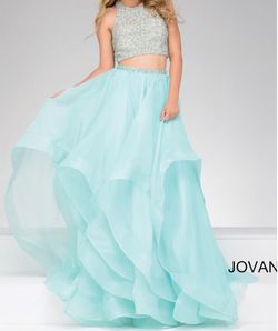 Jovani Blue Size 8 Quinceanera Tulle High Neck Beaded Top Train Dress on Queenly
