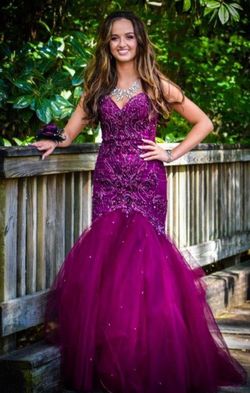 Style 141223 MoriLee Purple Size 0 Plunge Pattern Mermaid Dress on Queenly