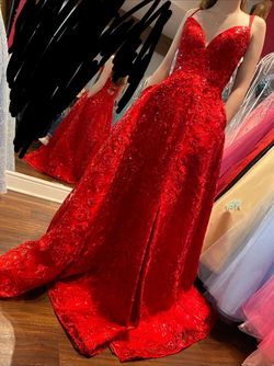 Style 53511 Sherri Hill Red Size 0 Prom Jersey Floor Length Plunge A-line Dress on Queenly
